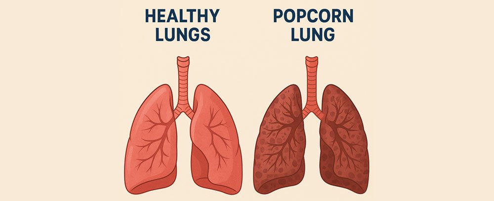 “Side-by-side medical illustration comparing healthy lungs with popcorn lung, showing airway damage and inflammation caused by bronchiolitis obliterans.”