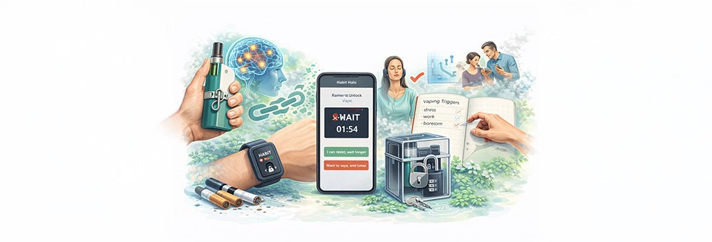 illustration depicting habit-based vaping cessation, showing a person resisting a vape urge, mindfulness cues, a locked container for vape devices, and supportive lifestyle elements that represent behavior change and reduced impulse use.
