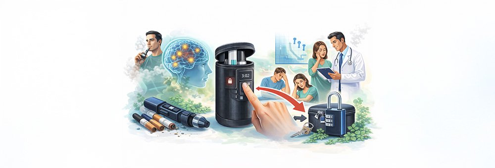 Wide illustration showing a lockable device used to interrupt vaping habits, surrounded by scenes of vaping triggers, stressed individuals, supportive healthcare counseling, and secured vape accessories, representing behavior-based tools to help people quit vaping.