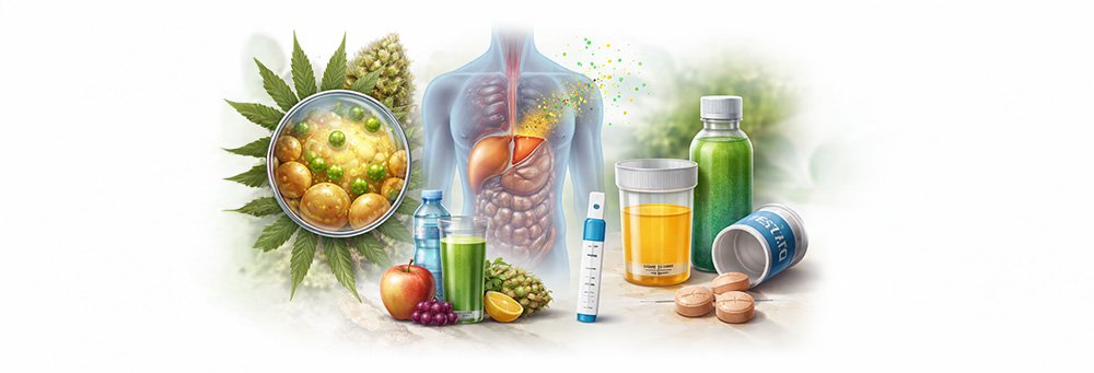 Illustration showing THC stored in fat cells, liver metabolism, and urine drug testing process with detox methods