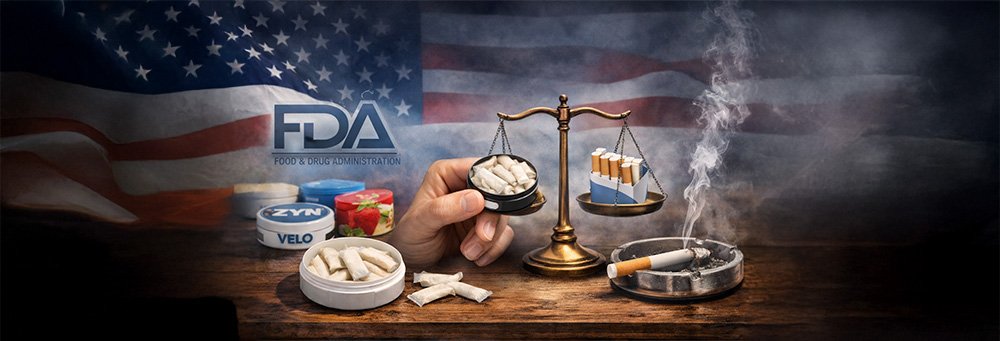 Flavored nicotine pouches compared to traditional cigarettes on a balance scale, illustrating FDA review of reduced-risk tobacco products and smoking harm reduction debate