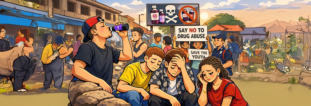 Cartoon-style illustration showing a group of young people in an urban Ghana setting, highlighting the dangers of substance misuse. One youth is drinking from a cough syrup bottle while others appear distressed, and nearby signs promote anti-drug awareness and youth protection.