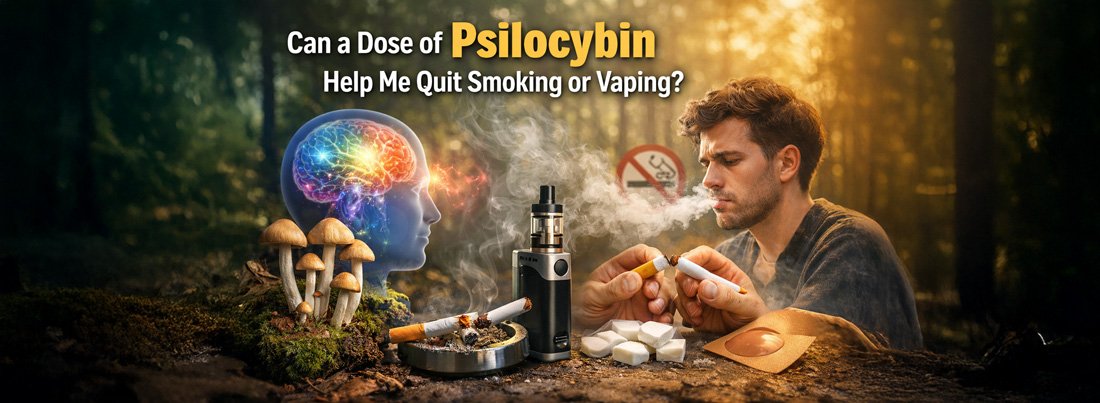 Concept image showing psilocybin mushrooms, brain visualization, vape device, and broken cigarette representing potential ways to quit smoking or vaping