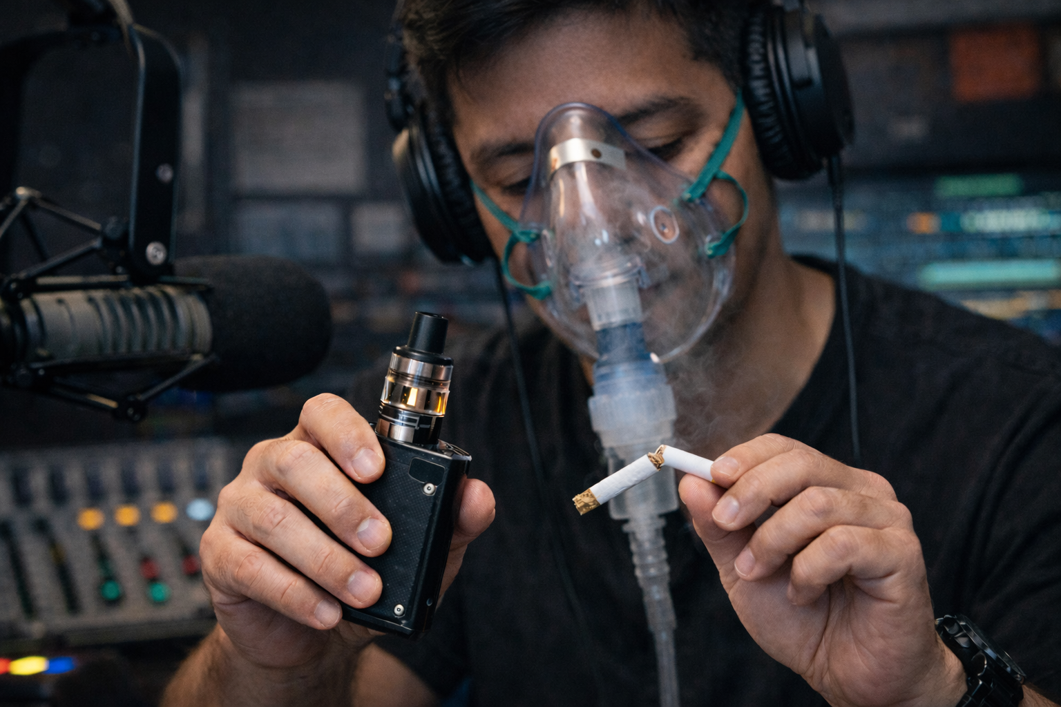 oung man wearing a nebulizer mask in radio studio holding vape device and broken cigarette symbolizing quitting vaping