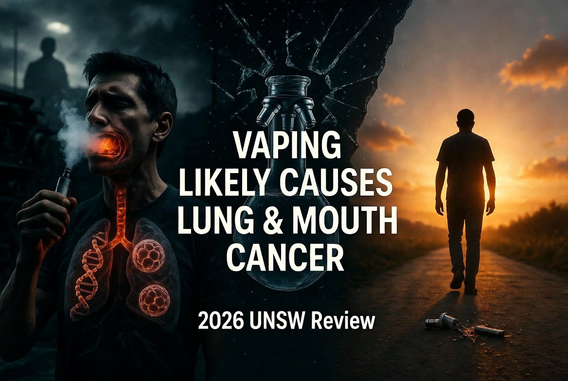 Vaping linked to lung and mouth cancer - 2026 UNSW study illustration showing health risks transitioning to freedom from nicotine on a quit smoking community website